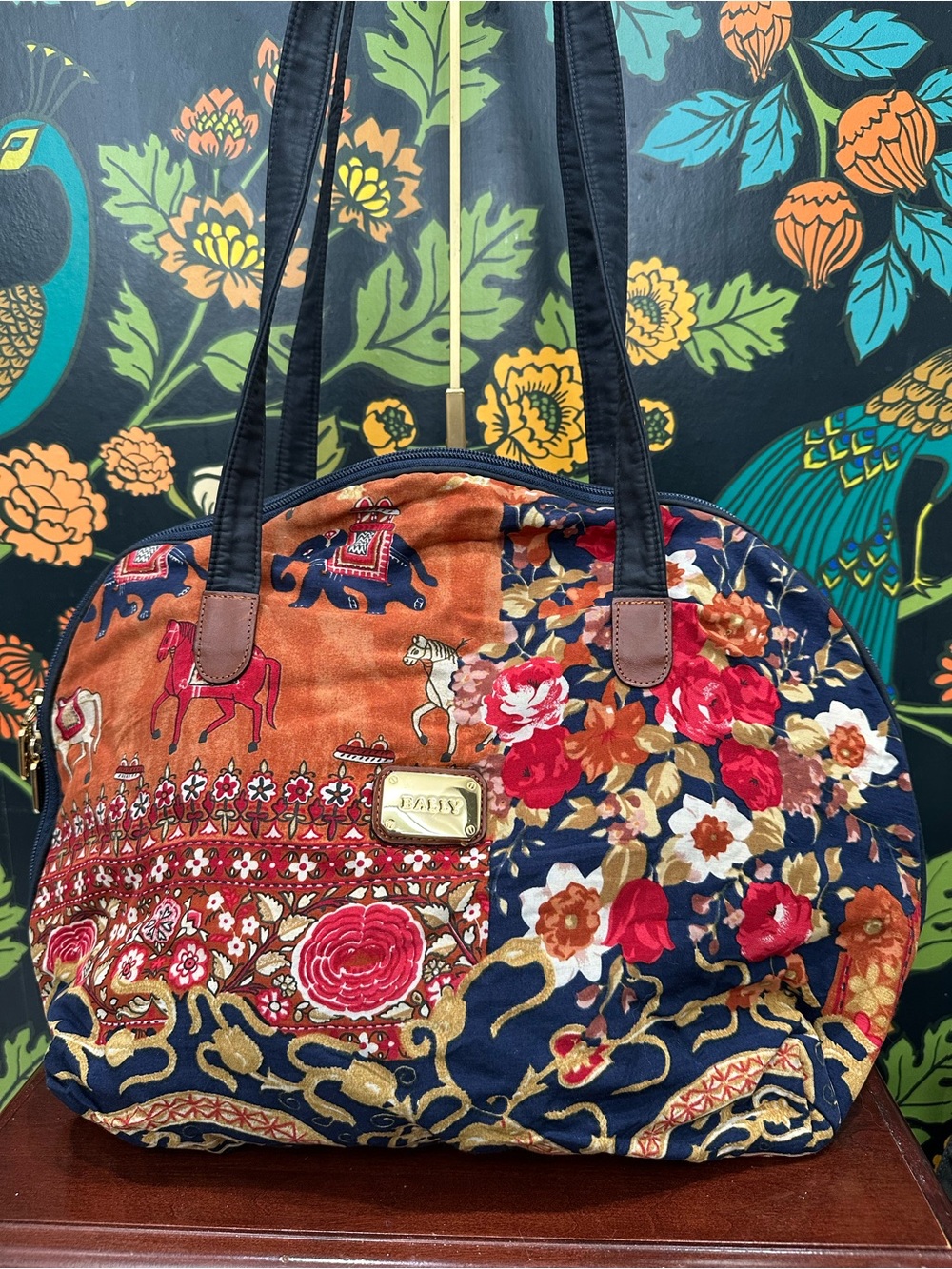 Vintage Bally Elephant Horse Floral Print Large Shoulder Tote - Picture 2 of 16